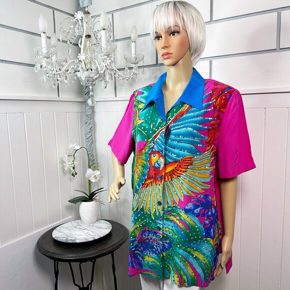 RARE Vintage Tropical Silk Shirt w/ Colorful Parrot & Sequins Rare Diana Gilman - Picture 2 of 9